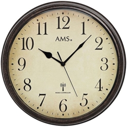 AMS 5962 Wanduhr Funkuhr Wand Vintage Uhr Style Metallgehäuse in antiker Holz-Optik Dekouhr - 1