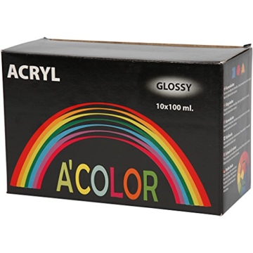 A-Color Acrylfarbe Sortiment Glänzend 32001 von Creativ Company - Bastelfarbe Acrylfarbe für Airbrush und Acrylbilder. 10 x 100 ml. - 