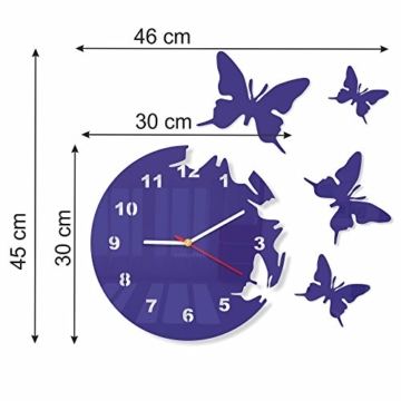 Große moderne Wanduhr Schmetterling Blau rund 30cm, 3d DIY, Wohnzimmer, Schlafzimmer, Kinderzimmer - 3
