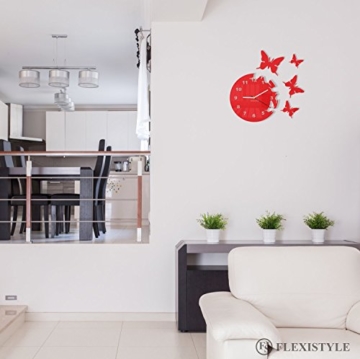Große moderne Wanduhr Schmetterling Rot rund 30cm, 3d DIY, Wohnzimmer, Schlafzimmer, Kinderzimmer - 4