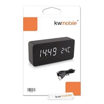 kwmobile Wecker Uhr in Holzoptik digital - Digitalwecker Anzeige von Uhrzeit Temperatur Datum - Alarm Clock mit USB Kabel in Schwarz mit weißen LEDs - 6