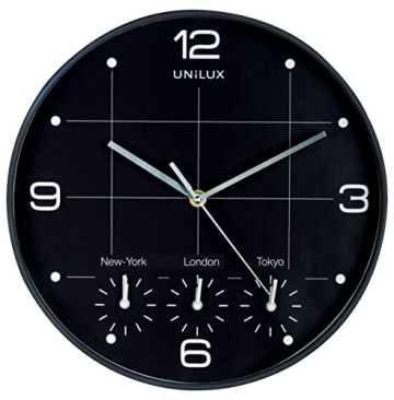 UNILUX 400094567 Wanduhr On Time schwarz Weltuhr Weltzeit-Uhr Global geeignet für Läden, Büros, lokalen New York London Paris Hong Kong 30 cm - 1