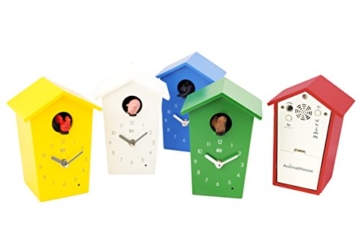 KOOKOO AnimalHouse Rot, Moderne kleine Kuckucksuhr mit 5 Bauernhoftieren, Aufnahmen aus der Natur Moderne witzige Design Uhr - 2