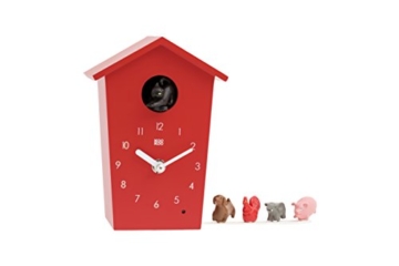 KOOKOO AnimalHouse Rot, Moderne kleine Kuckucksuhr mit 5 Bauernhoftieren, Aufnahmen aus der Natur Moderne witzige Design Uhr - 1