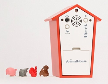 KOOKOO AnimalHouse Rot, Moderne kleine Kuckucksuhr mit 5 Bauernhoftieren, Aufnahmen aus der Natur Moderne witzige Design Uhr - 6