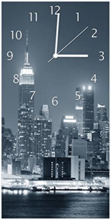 Wallario Design Wanduhr New York Skyline - Schwarz Weiß Blau aus Acrylglas, Größe 30 x 60 cm, weiße Zeiger - 1