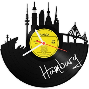 GRAVURZEILE Wanduhr aus Vinyl Schallplattenuhr Skyline Hamburg 2018 Upcycling Design Uhr Wand-Deko Vintage-Uhr Wand-Dekoration Retro-Uhr Made in Germany - 1