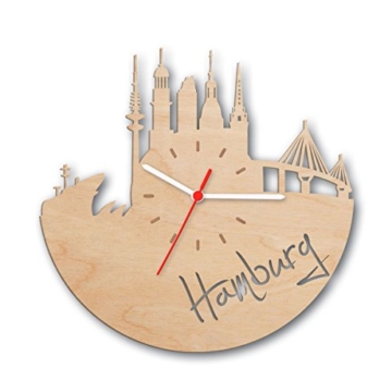Skyline Hamburg 2017 Wanduhr aus Birken-Holz Made in Germany | Design Uhr aus Echtholz | Wand-Deko aus Birke | Originelle Wand-Uhr | Moderne Wand-Uhr im Skyline Design | Wand-Dekoration aus Natur-Holz - 1