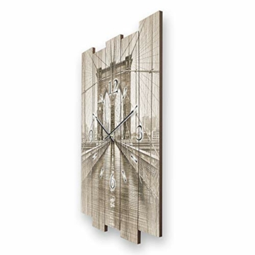 Kreative Feder Brooklyn Bridge | Designer Wanduhr aus MDF Holz | Shabby chic Landhaus leise Uhr ohne Ticken Funk Quarz 57x44cm (leises Quarzuhrwerk) - 2