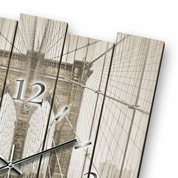 Kreative Feder Brooklyn Bridge | Designer Wanduhr aus MDF Holz | Shabby chic Landhaus leise Uhr ohne Ticken Funk Quarz 57x44cm (leises Quarzuhrwerk) - 3