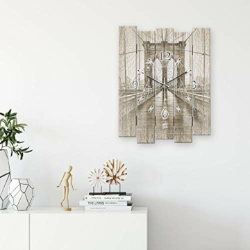 Kreative Feder Brooklyn Bridge | Designer Wanduhr aus MDF Holz | Shabby chic Landhaus leise Uhr ohne Ticken Funk Quarz 57x44cm (leises Quarzuhrwerk) - 4
