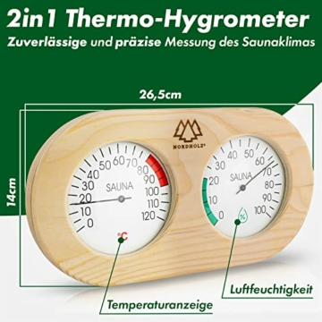 NORDHOLZ® Sauna Thermometer Hygrometer 2in1 - Zuverlässig & genau für die richtige Temperatur und Luftfeuchtigkeit - Sauna Hygrometer für eine wohltuenden Atmosphäre - Hochwertiges Sauna Zubehör - 2