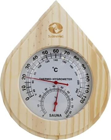 SudoreWell® Sauna Sanduhr Premium 15 Minuten aus Kiefernholz mit Bügel und schwarzem Sand plus Sauna Klimamesser Thermometer + Hygrometer Drop aus hellem Kiefernholz - 3
