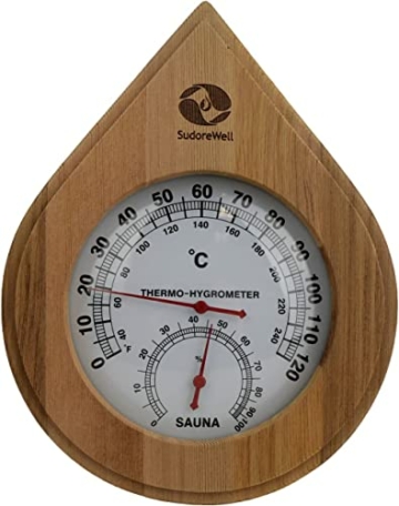 SudoreWell® Sauna Sanduhr Premium 15 Minuten aus Kiefernholz mit Bügel und weißem Sand plus Sauna Klimamesser Thermometer + Hygrometer Drop aus dunklem Kiefernholz - 3